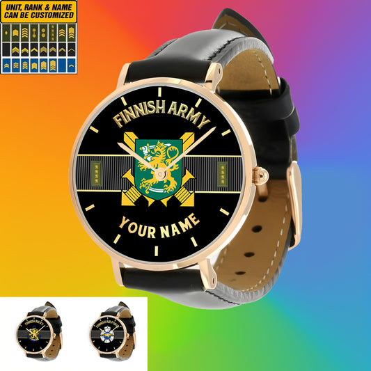 Personalized Finland Soldier/ Veteran With Name And Rank Black Stitched Leather Watch - 0703240001