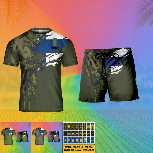 Personalized Finland Soldier/ Veteran Camo With Name And Rank Combo T-Shirt + Short 3D Printed