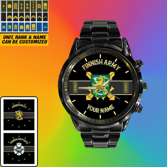 Personalized Finland Soldier/ Veteran With Name And Rank Black Stainless Steel Watch - 0703240001