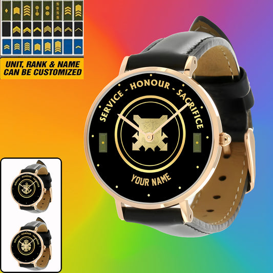 Personalized Finland Soldier/ Veteran With Name, Rank Black Stitched Leather Watch - 2603240001 - Gold Version