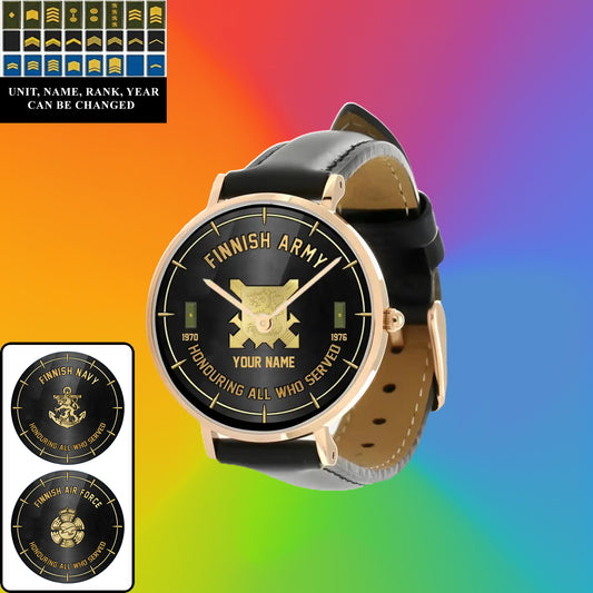 Personalized Finland Soldier/ Veteran With Name, Rank and Year Black Stitched Leather Watch - 26042401QA - Gold Version