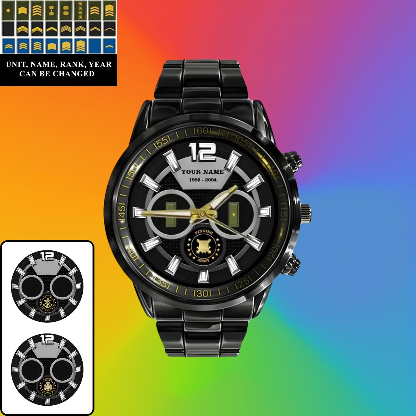 Personalized Finland Soldier/ Veteran With Name, Rank and Year Black Stainless Steel Watch - 27042401QA - Gold Version