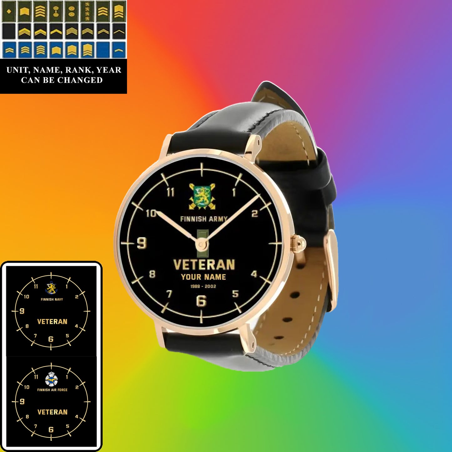 Personalized Finland Soldier/ Veteran With Name, Rank and Year Black Stitched Leather Watch - 03052402QA - Gold Version