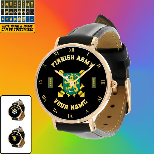 Personalized Finland Soldier/ Veteran With Name And Rank Black Stitched Leather Watch - 0803240001 - Gold Version