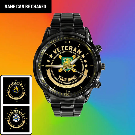 Personalized Finland Soldier/ Veteran With Name Black Stainless Steel Watch - 1103240001 - Gold Version