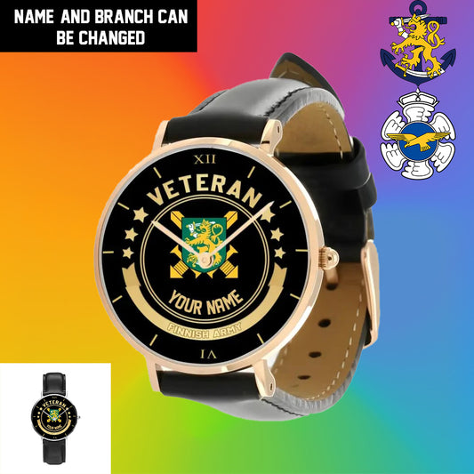 Personalized Finland Soldier/ Veteran With Name Black Stitched Leather Watch - 1103240001 - Gold Version