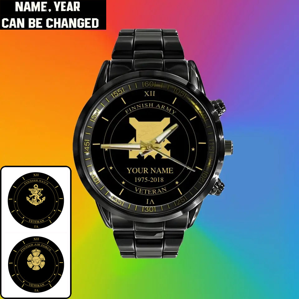 Personalized Finland Soldier/ Veteran With Name And Year Black Stainless Steel Watch - 1603240001 - Gold Version