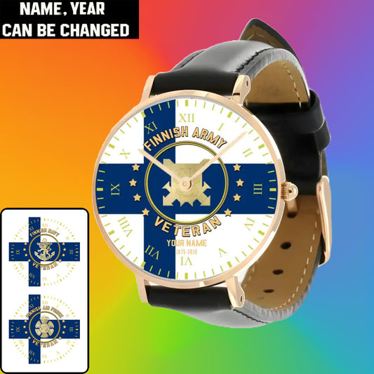 Personalized Finland Soldier/ Veteran With Name And Year Black Stitched Leather Watch - 0204240001 - Gold Version