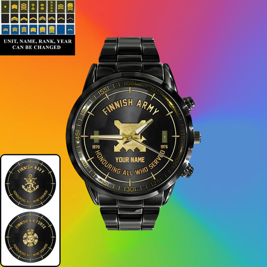 Personalized Finland Soldier/ Veteran With Name, Rank and Year Black Stainless Steel Watch - 26042401QA - Gold Version