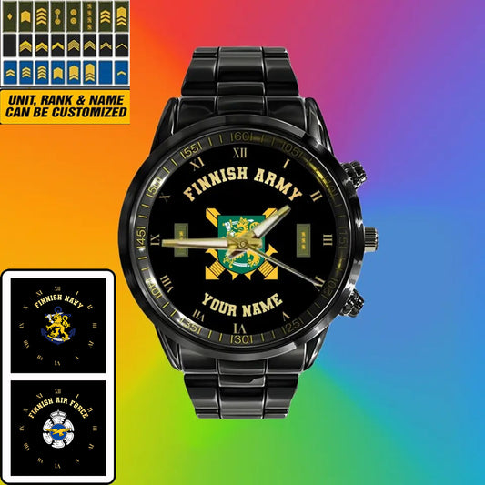 Personalized Finland Soldier/ Veteran With Name And Rank Black Stainless Steel Watch - 0803240001 - Gold Version