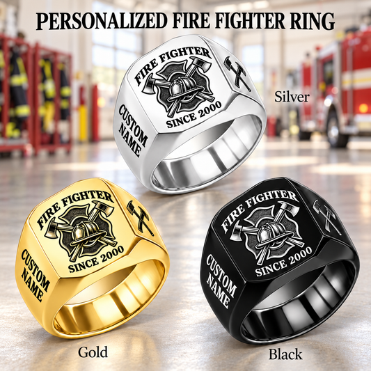 Firefighter Classic Emblem personalized ring advertisement showing Silver, Gold and Black rings with CUSTOM NAME and SINCE 2000 on a firefighter-themed background