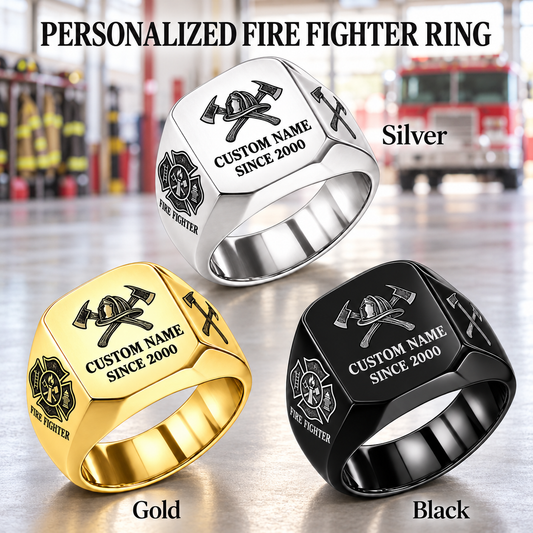 Firefighter Signature Crest personalized ring advertisement showing Silver, Gold and Black rings with CUSTOM NAME and SINCE 2000 on a firefighter-themed background