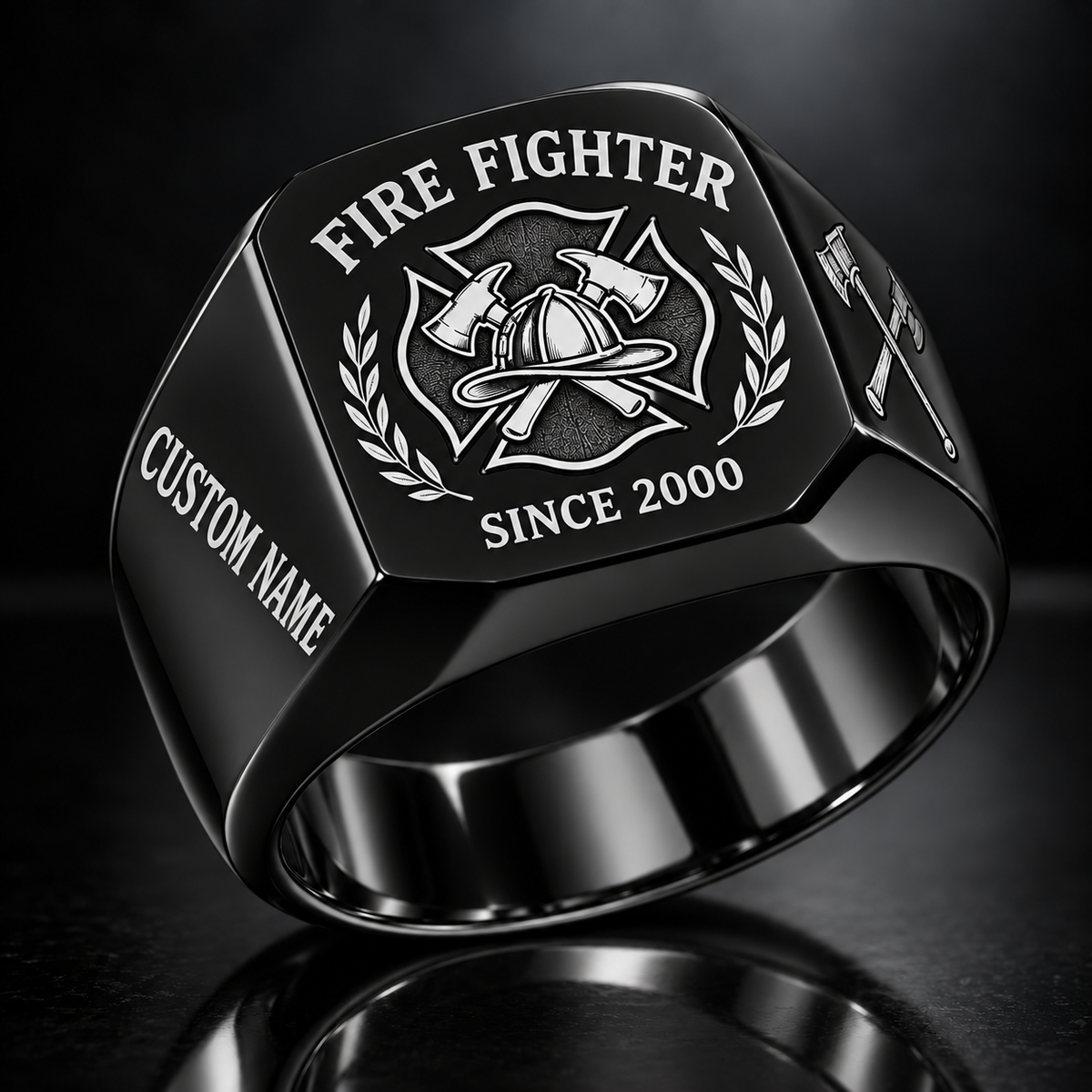 Firefighter Heritage Emblem ring in Black, showing CUSTOM NAME and SINCE 2000