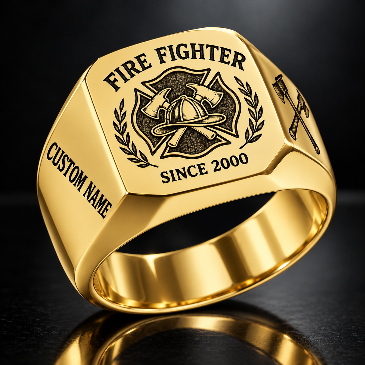 Firefighter Heritage Emblem ring in Gold, showing CUSTOM NAME and SINCE 2000