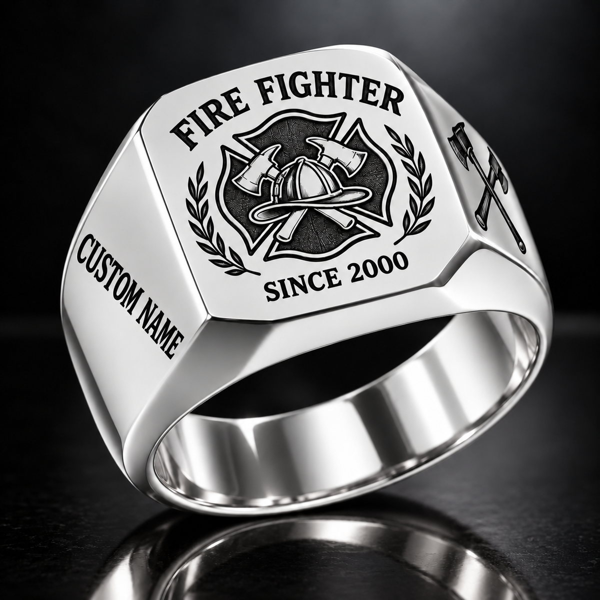 Firefighter Heritage Emblem ring in Silver, showing CUSTOM NAME and SINCE 2000