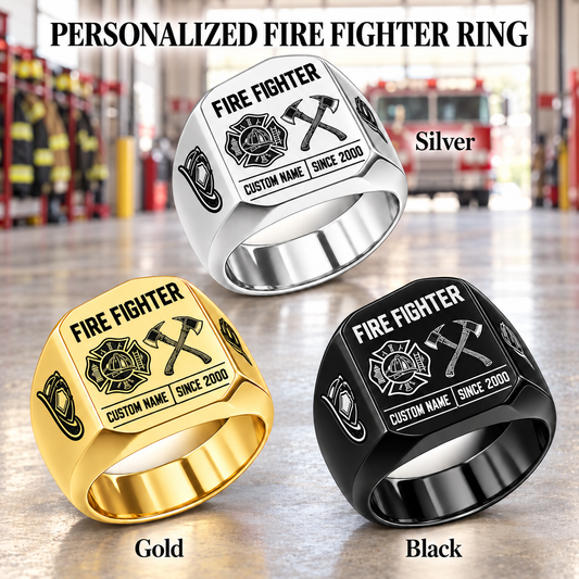 Firefighter Twin Icons personalized ring advertisement showing Silver, Gold and Black rings with CUSTOM NAME and SINCE 2000 on a firefighter-themed background