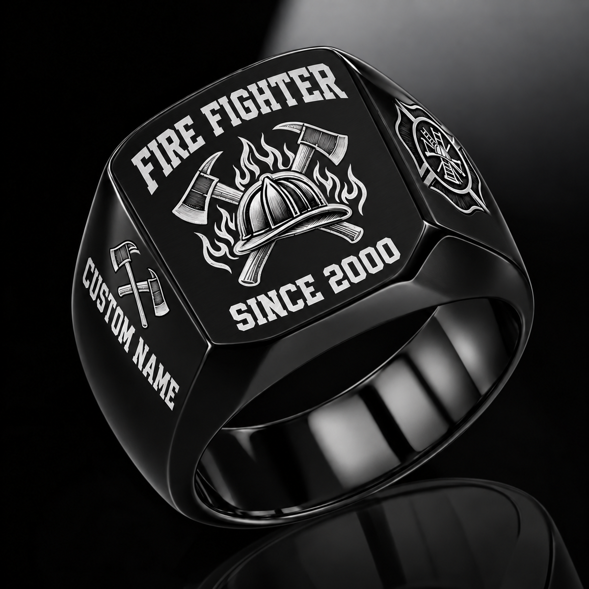 Firefighter Bold Lettering ring in Black, showing CUSTOM NAME and SINCE 2000