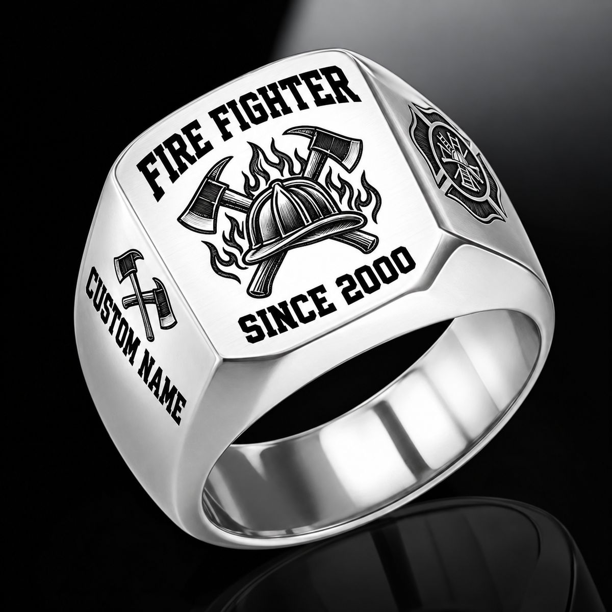 Fire Fighter Bold Lettering ring in Silver, showing CUSTOM NAME and SINCE 2000