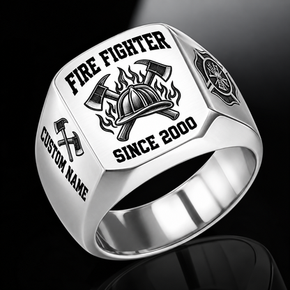 Fire Fighter Bold Lettering ring in Silver, showing CUSTOM NAME and SINCE 2000