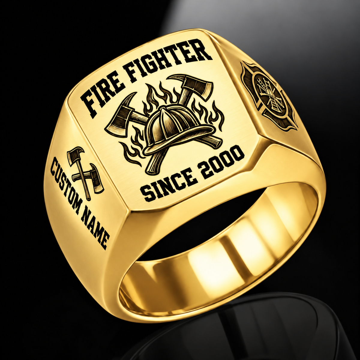 Firefighter Bold Lettering ring in Gold, showing CUSTOM NAME and SINCE 2000