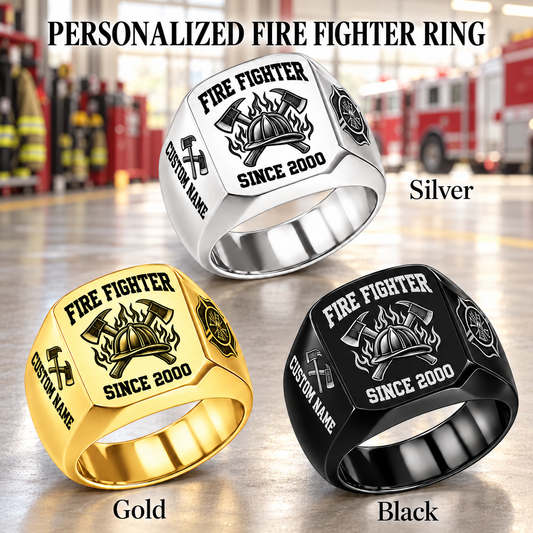 Firefighter Bold Lettering personalized ring advertisement showing Silver, Gold and Black rings with CUSTOM NAME and SINCE 2000 on a firefighter-themed background