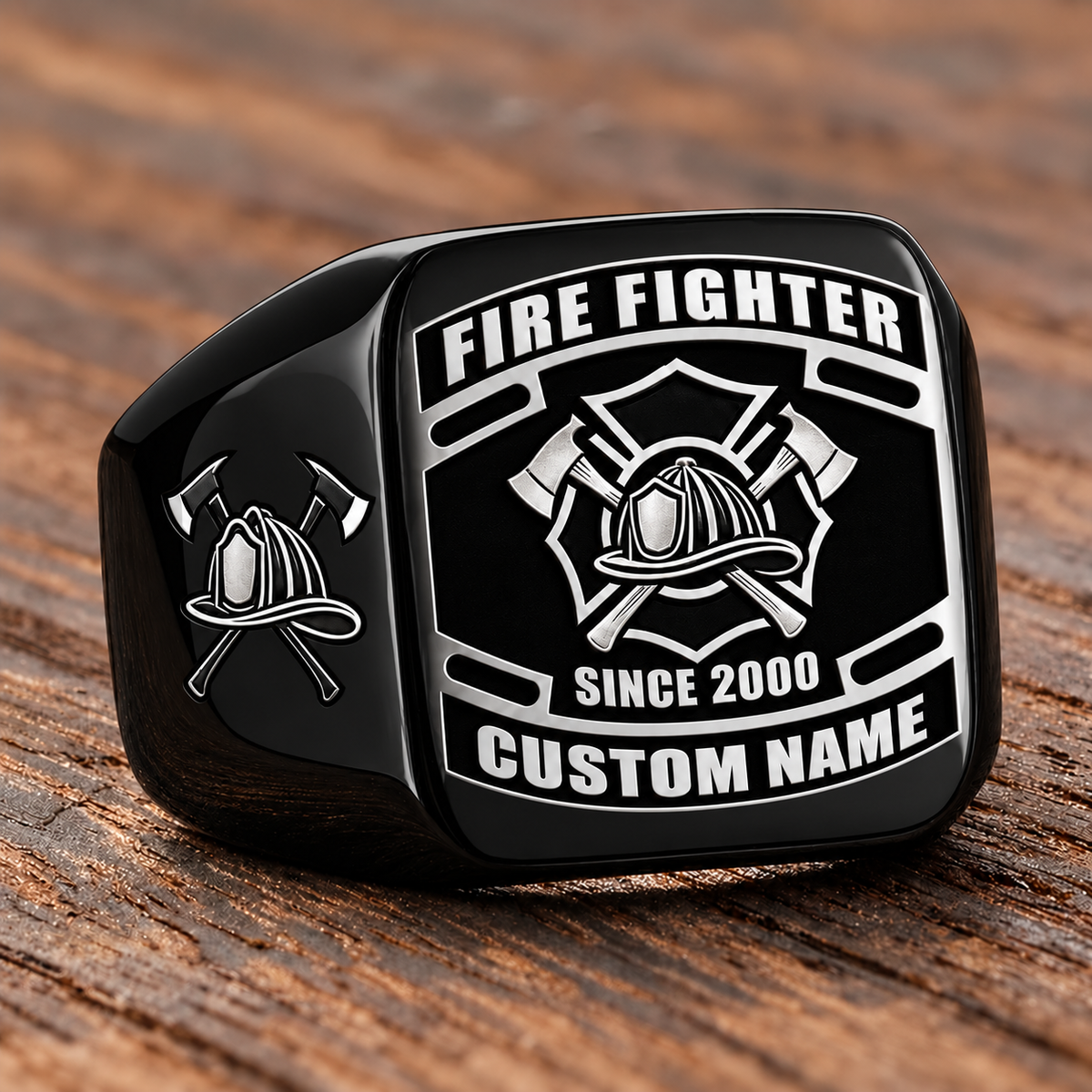 Firefighter Black Face Badge ring in Black, showing CUSTOM NAME and SINCE 2000