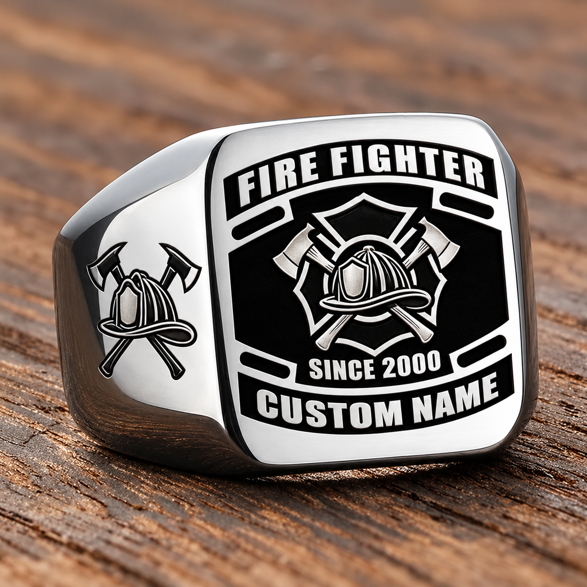 Fire Fighter Black Face Badge ring in Silver, showing CUSTOM NAME and SINCE 2000