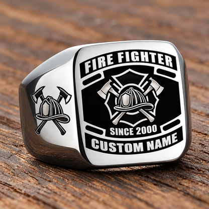 Fire Fighter Black Face Badge ring in Silver, showing CUSTOM NAME and SINCE 2000