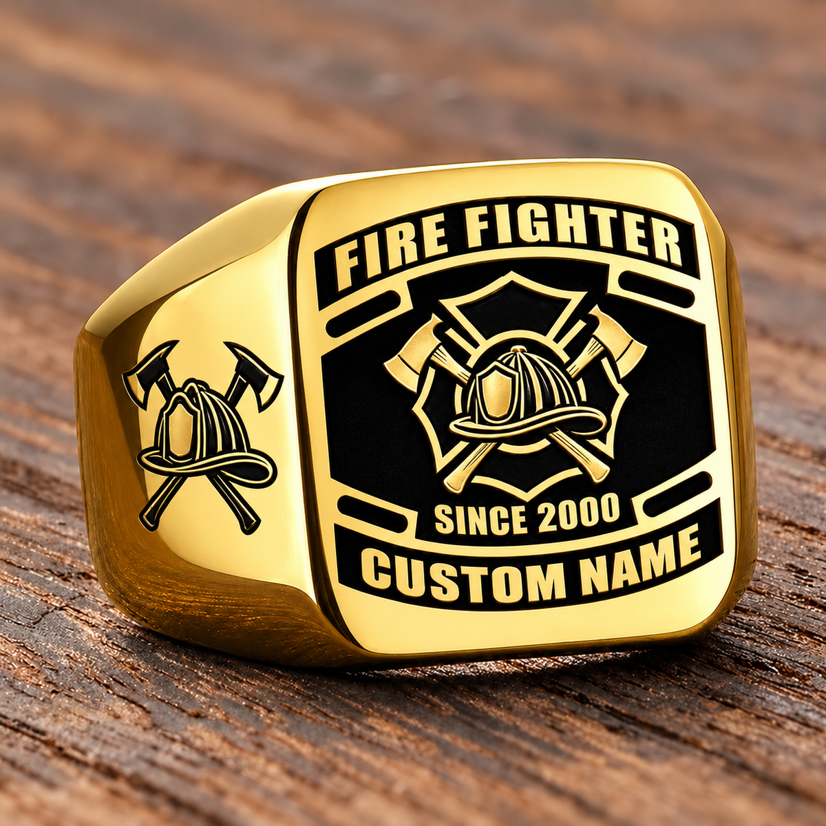 Firefighter Black Face Badge ring in Gold, showing CUSTOM NAME and SINCE 2000