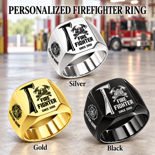 Firefighter Split Emblem personalized ring advertisement showing Silver, Gold and Black rings with CUSTOM NAME and SINCE 2000 on a firefighter-themed background