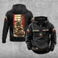 Firefighter Daily Commitment Portrait Vintage Hoodie in Black, back and front views with tall kneeling-firefighter panel, helmet-and-crossed-axes sleeve motifs, and sample chest text CUSTOM NAME and SINCE 2000.