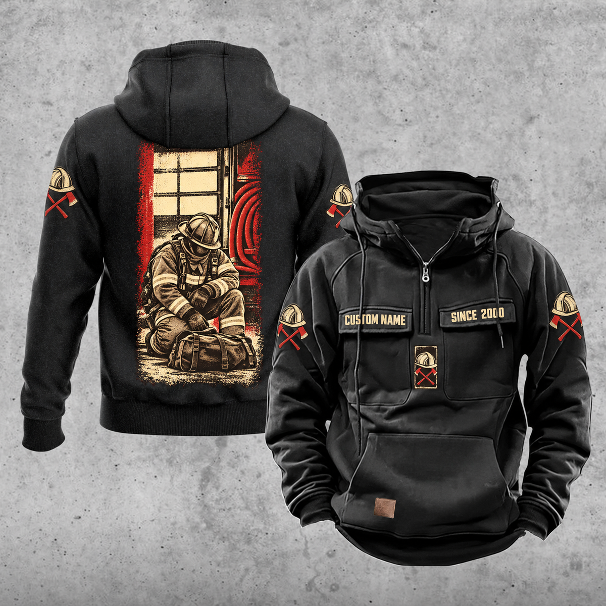Firefighter Daily Commitment Portrait Vintage Hoodie in Black, back and front views with tall kneeling-firefighter panel, helmet-and-crossed-axes sleeve motifs, and sample chest text CUSTOM NAME and SINCE 2000.