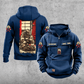Firefighter Daily Commitment Portrait Vintage Hoodie in Dark Blue, back and front views with tall kneeling-firefighter panel, helmet-and-crossed-axes sleeve motifs, and sample chest text CUSTOM NAME and SINCE 2000.