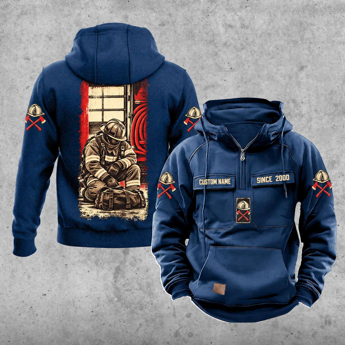 Firefighter Daily Commitment Portrait Vintage Hoodie in Dark Blue, back and front views with tall kneeling-firefighter panel, helmet-and-crossed-axes sleeve motifs, and sample chest text CUSTOM NAME and SINCE 2000.