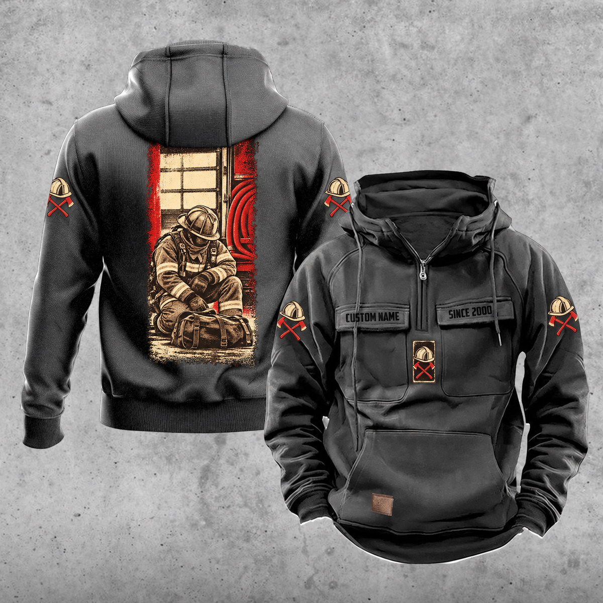 Firefighter Daily Commitment Portrait Vintage Hoodie in Dark Gray, back and front views with tall kneeling-firefighter panel, helmet-and-crossed-axes sleeve motifs, and sample chest text CUSTOM NAME and SINCE 2000.