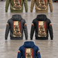 Five complete back views of the Firefighter Daily Commitment Portrait Vintage Hoodie in a quiet firehouse: Military Green and Kaki on the top row, Dark Gray and Black on the middle row, and Dark Blue below.