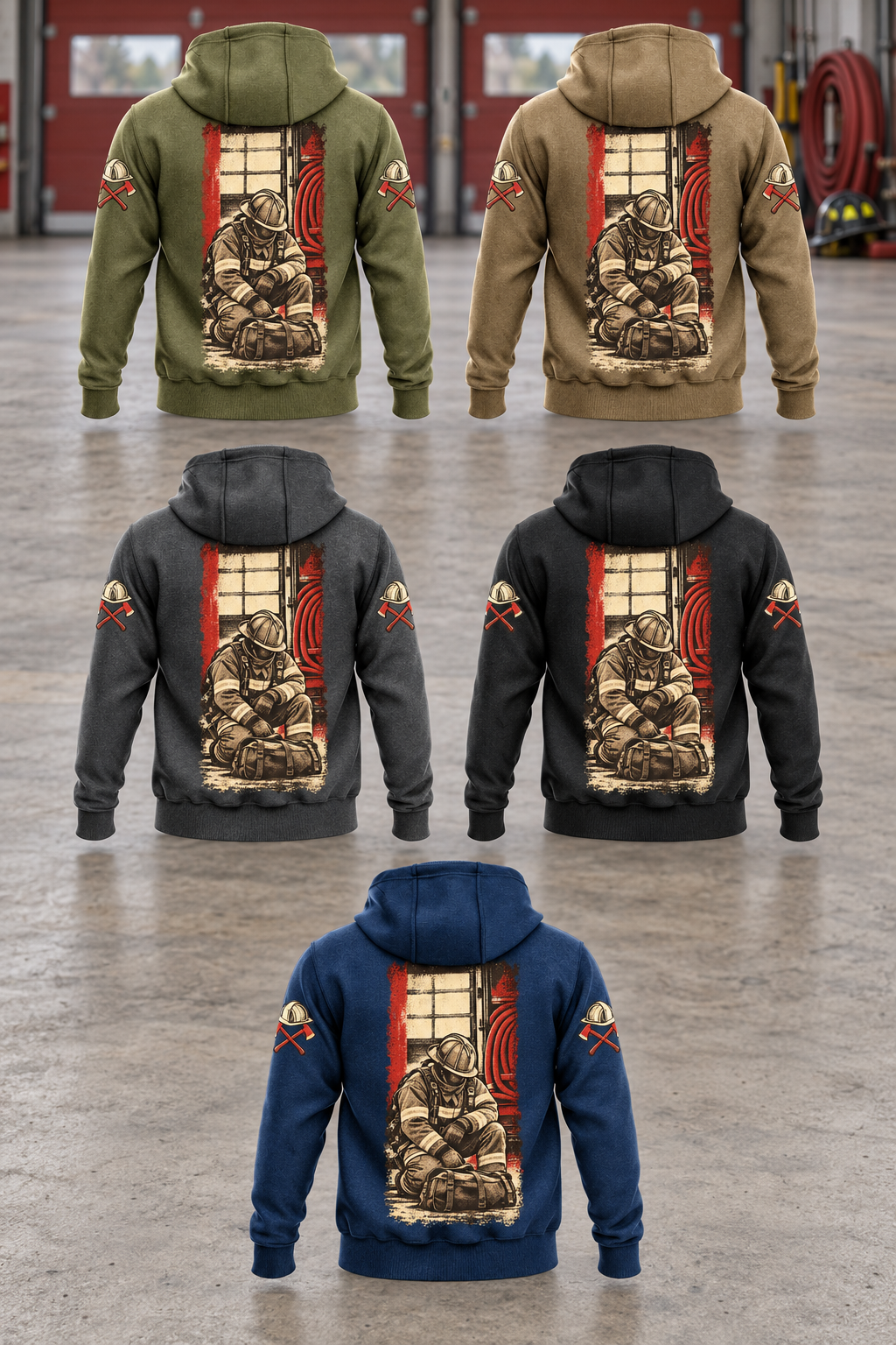 Five complete back views of the Firefighter Daily Commitment Portrait Vintage Hoodie in a quiet firehouse: Military Green and Kaki on the top row, Dark Gray and Black on the middle row, and Dark Blue below.