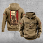 Firefighter Daily Commitment Portrait Vintage Hoodie in Kaki, back and front views with tall kneeling-firefighter panel, helmet-and-crossed-axes sleeve motifs, and sample chest text CUSTOM NAME and SINCE 2000.