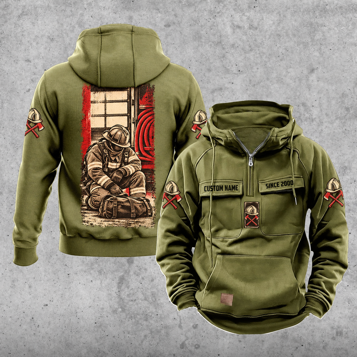 Firefighter Daily Commitment Portrait Vintage Hoodie in Military Green, back and front views with tall kneeling-firefighter panel, helmet-and-crossed-axes sleeve motifs, and sample chest text CUSTOM NAME and SINCE 2000.