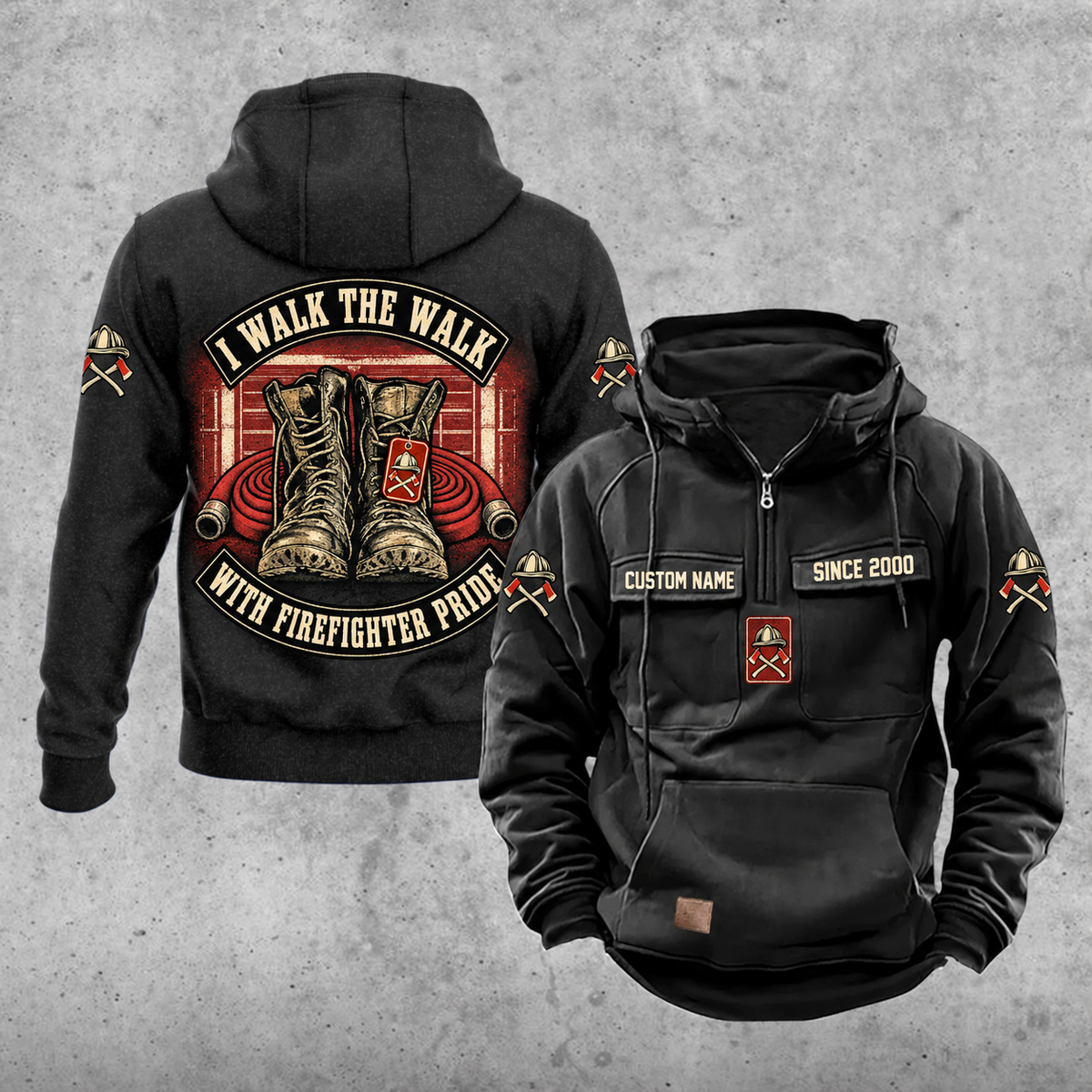 Firefighter Walk the Walk Badge Vintage Hoodie in Black, front and back views with CUSTOM NAME and SINCE 2000 chest tabs, helmet and crossed axes motifs, plain lower pouch with brown label, and curved I WALK THE WALK and WITH FIREFIGHTER PRIDE banners around boots and rolled hoses.