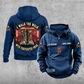 Firefighter Walk the Walk Badge Vintage Hoodie in Dark Blue, front and back views with CUSTOM NAME and SINCE 2000 chest tabs, helmet and crossed axes motifs, plain lower pouch with brown label, and curved I WALK THE WALK and WITH FIREFIGHTER PRIDE banners around boots and rolled hoses.