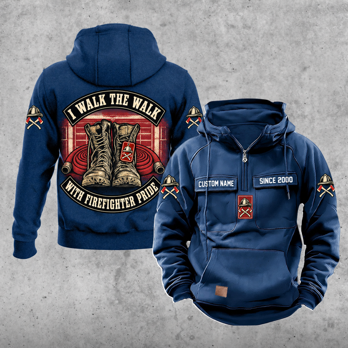 Firefighter Walk the Walk Badge Vintage Hoodie in Dark Blue, front and back views with CUSTOM NAME and SINCE 2000 chest tabs, helmet and crossed axes motifs, plain lower pouch with brown label, and curved I WALK THE WALK and WITH FIREFIGHTER PRIDE banners around boots and rolled hoses.