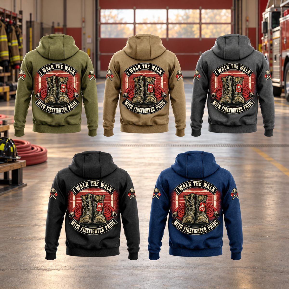 Five complete back views of the Firefighter Walk the Walk Badge Vintage Hoodie in Military Green, Kaki, Dark Gray, Black and Dark Blue, arranged separately in a quiet firehouse bay with equipment at rest; each shows boots and rolled hoses between I WALK THE WALK and WITH FIREFIGHTER PRIDE banners.