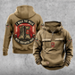 Firefighter Walk the Walk Badge Vintage Hoodie in Kaki, front and back views with CUSTOM NAME and SINCE 2000 chest tabs, helmet and crossed axes motifs, plain lower pouch with brown label, and curved I WALK THE WALK and WITH FIREFIGHTER PRIDE banners around boots and rolled hoses.