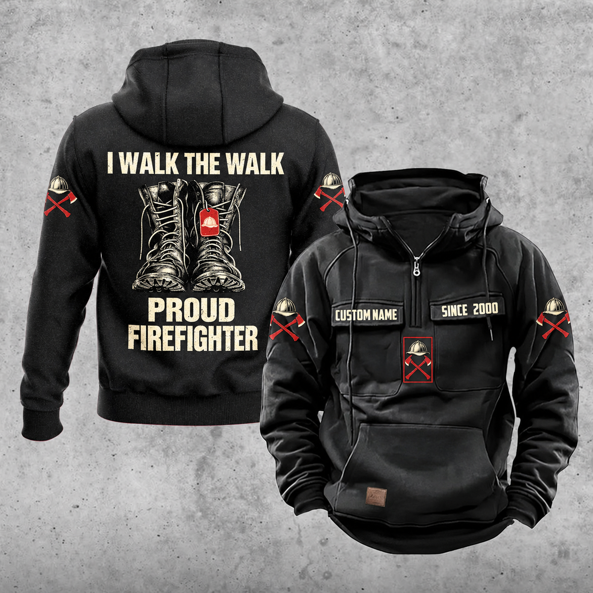 Firefighter Proud Walk Vintage Hoodie in Black, front and back views with CUSTOM NAME and SINCE 2000 chest samples, helmet-and-axes sleeve motifs, a plain lower front pouch with brown label, and boots artwork reading I WALK THE WALK, PROUD, FIREFIGHTER.
