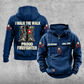 Firefighter Proud Walk Vintage Hoodie in Dark Blue, front and back views with CUSTOM NAME and SINCE 2000 chest samples, helmet-and-axes sleeve motifs, a plain lower front pouch with brown label, and boots artwork reading I WALK THE WALK, PROUD, FIREFIGHTER.