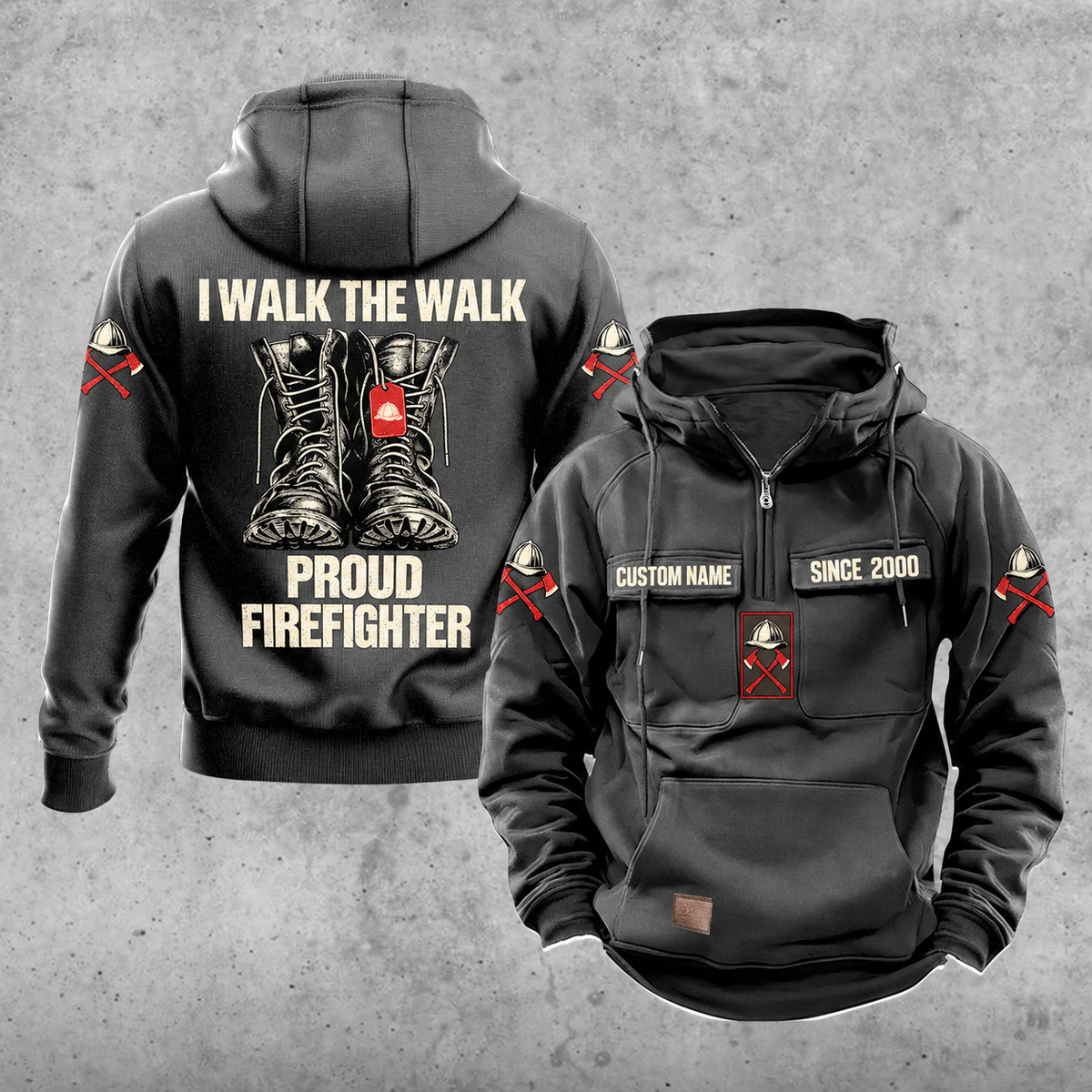 Firefighter Proud Walk Vintage Hoodie in Dark Gray, front and back views with CUSTOM NAME and SINCE 2000 chest samples, helmet-and-axes sleeve motifs, a plain lower front pouch with brown label, and boots artwork reading I WALK THE WALK, PROUD, FIREFIGHTER.