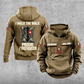 Firefighter Proud Walk Vintage Hoodie in Kaki, front and back views with CUSTOM NAME and SINCE 2000 chest samples, helmet-and-axes sleeve motifs, a plain lower front pouch with brown label, and boots artwork reading I WALK THE WALK, PROUD, FIREFIGHTER.