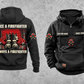 Firefighter Once and Always Vintage Hoodie in Black, complete front and back views with CUSTOM NAME and SINCE 2000 chest tabs, generic helmet and crossed-axes motifs, plain lower pouch with brown label, and ONCE A FIREFIGHTER / ALWAYS A FIREFIGHTER boots-and-hose back artwork.