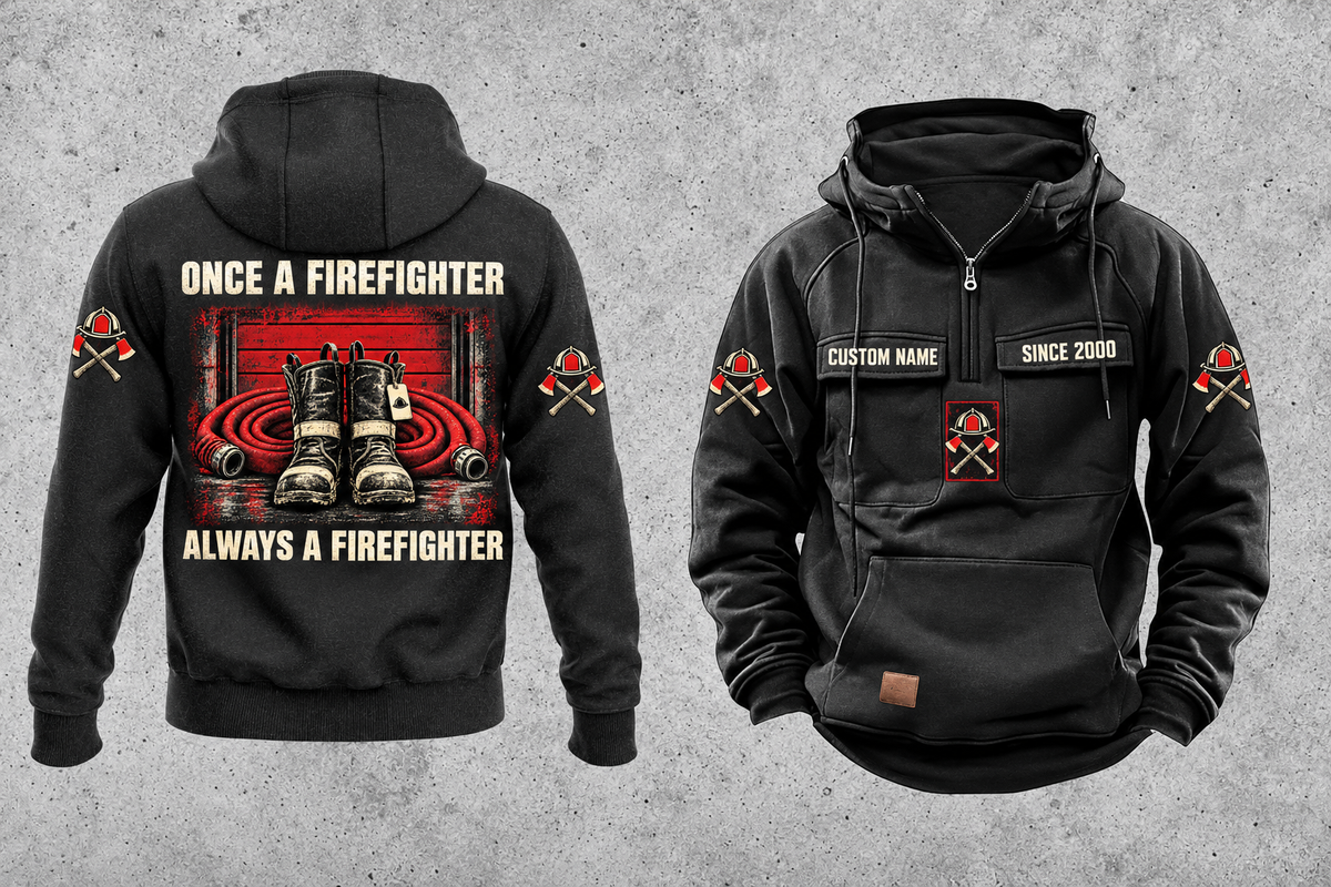 Firefighter Once and Always Vintage Hoodie in Black, complete front and back views with CUSTOM NAME and SINCE 2000 chest tabs, generic helmet and crossed-axes motifs, plain lower pouch with brown label, and ONCE A FIREFIGHTER / ALWAYS A FIREFIGHTER boots-and-hose back artwork.